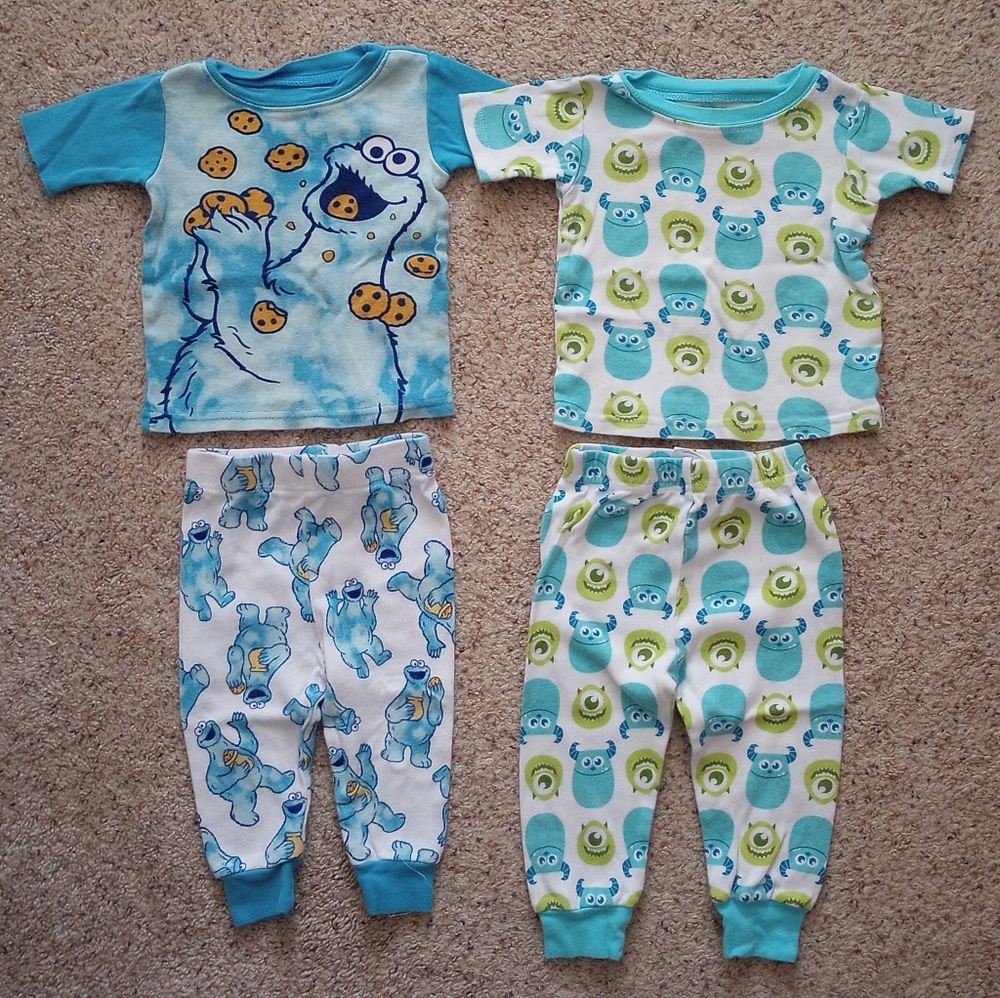 2 Baby's Pajama Sets Sesame Street Cookie Monster &  Disney's Monsters Ink